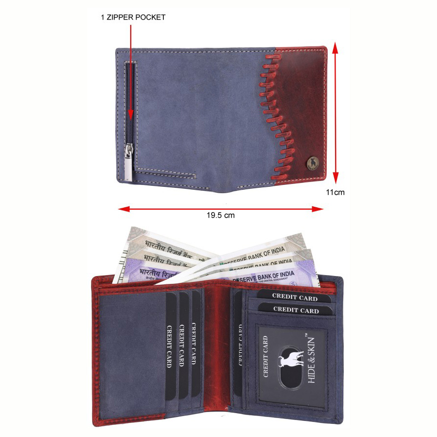 HIDE & SKIN Men Leather Wallet with Secured Zipper Pocket - Hide and Skin