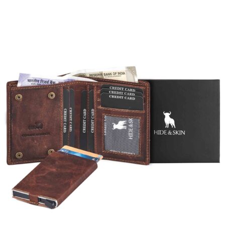 HIDE & SKIN handcrafted 100% Genuine Leather RFID Blocking automatic Pop up detachable wallet for men