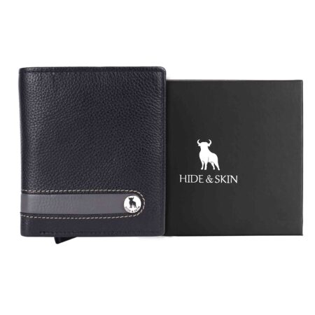 HIDE & SKIN handcrafted 100% Genuine Leather RFID Blocking automatic Pop up detachable wallet for men