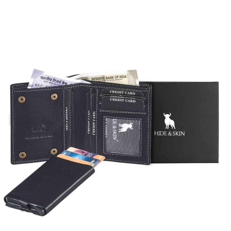 HIDE & SKIN handcrafted 100% Genuine Leather RFID Blocking automatic Pop up detachable wallet for men