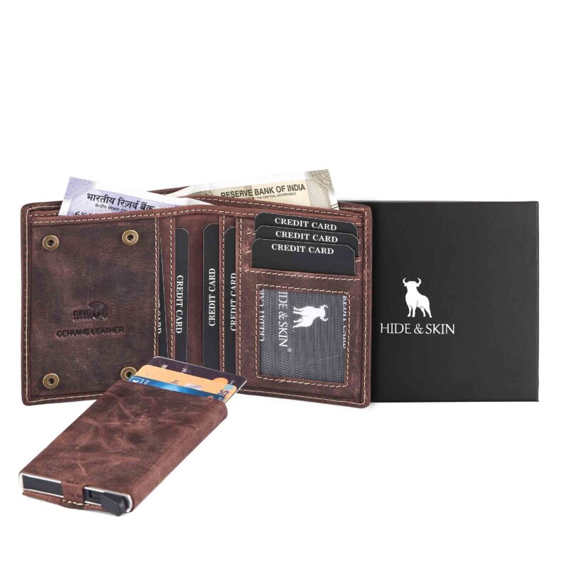 HIDE & SKIN handcrafted 100% Genuine Leather RFID Blocking automatic Pop up detachable wallet for men