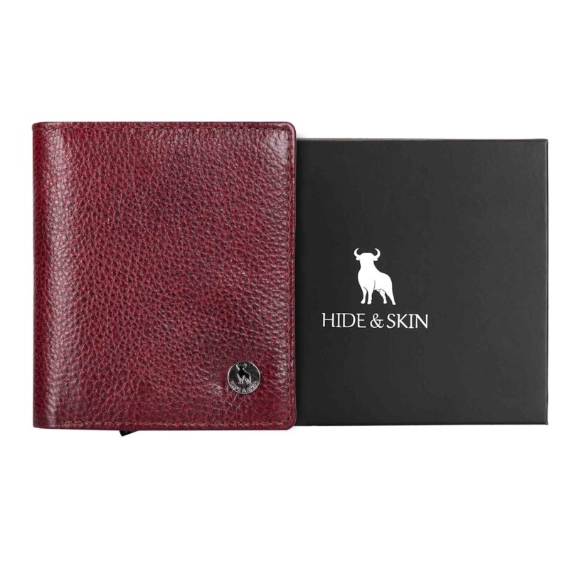 HIDE & SKIN handcrafted 100% Genuine Leather RFID Blocking automatic Pop up detachable wallet for men