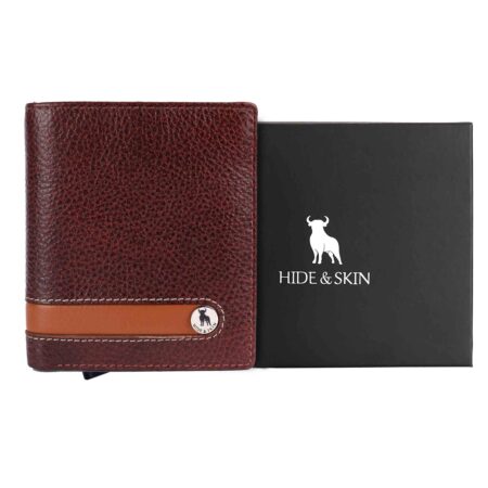 HIDE & SKIN handcrafted 100% Genuine Leather RFID Blocking automatic Pop up detachable wallet for men