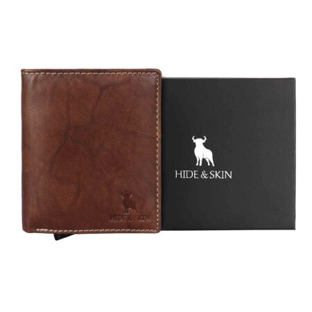 HIDE & SKIN handcrafted 100% Genuine Leather RFID Blocking automatic Pop up detachable wallet for men