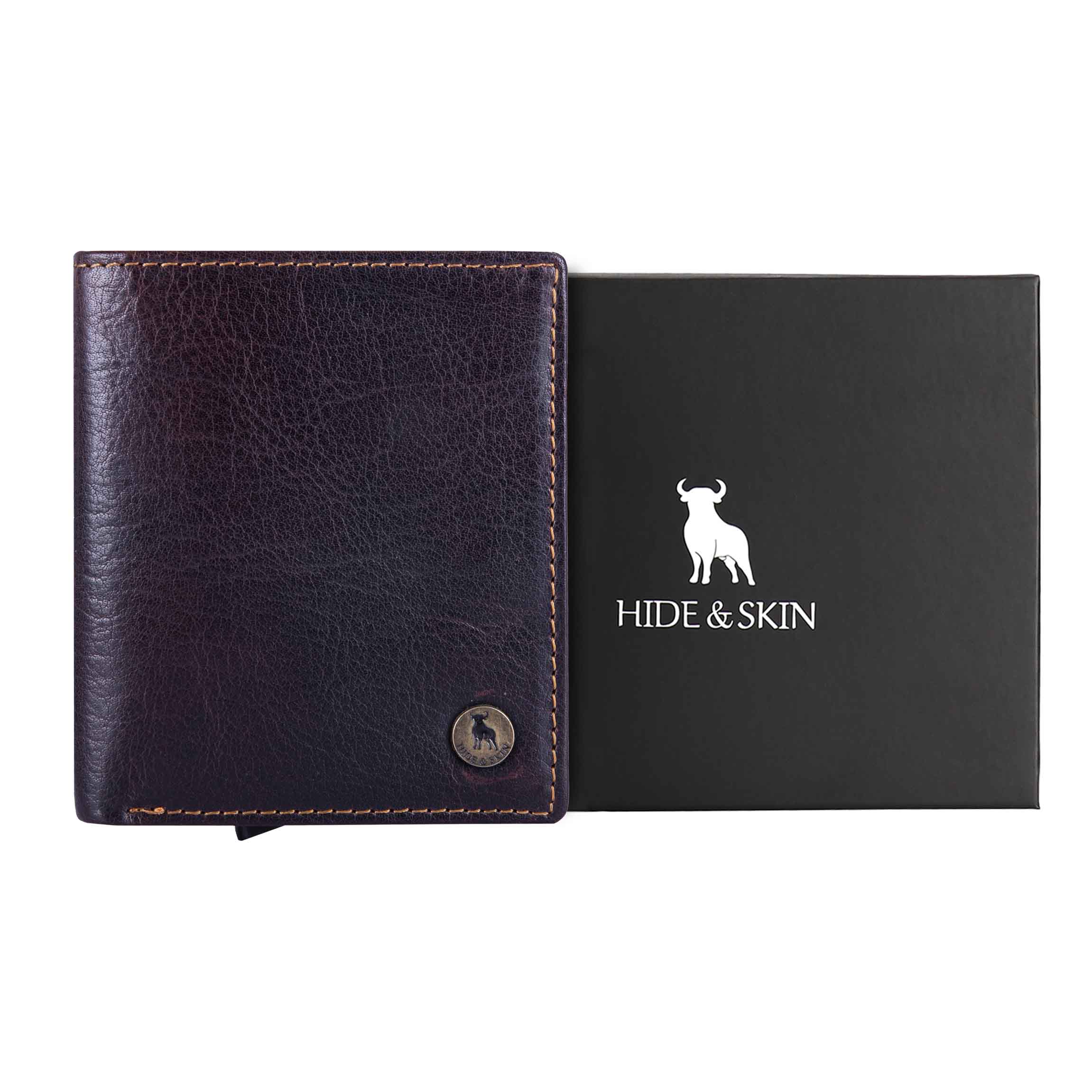 HIDE & SKIN handcrafted 100% Genuine Leather RFID Blocking automatic Pop up detachable wallet for men