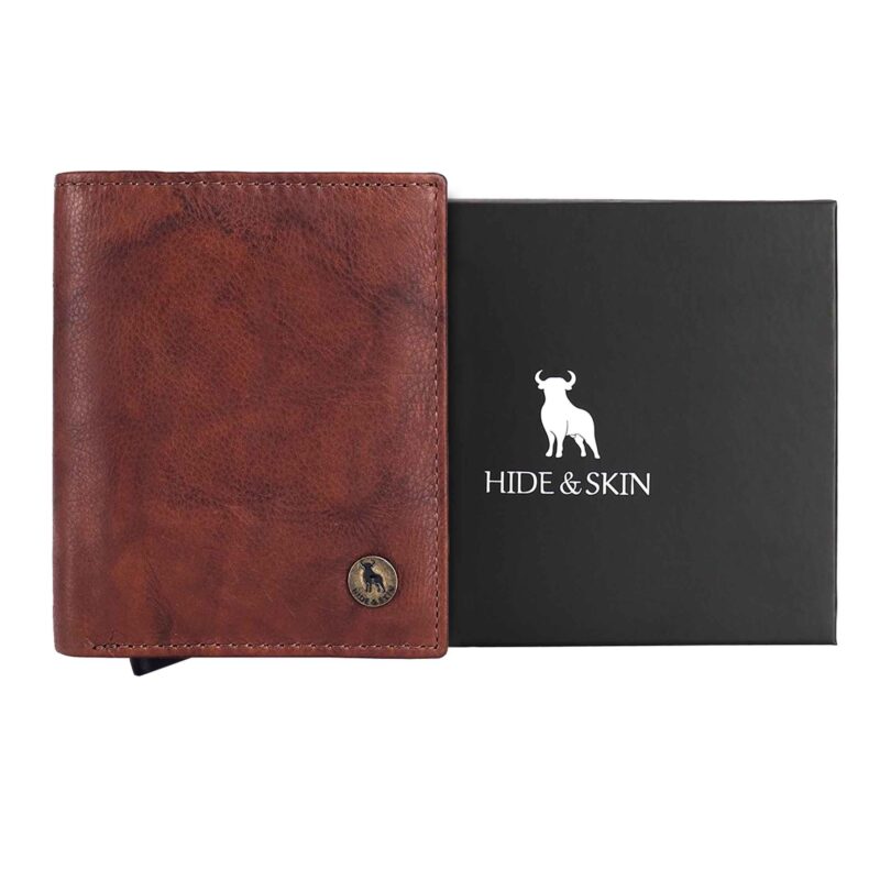 HIDE & SKIN handcrafted 100% Genuine Leather RFID Blocking automatic Pop up detachable wallet for men