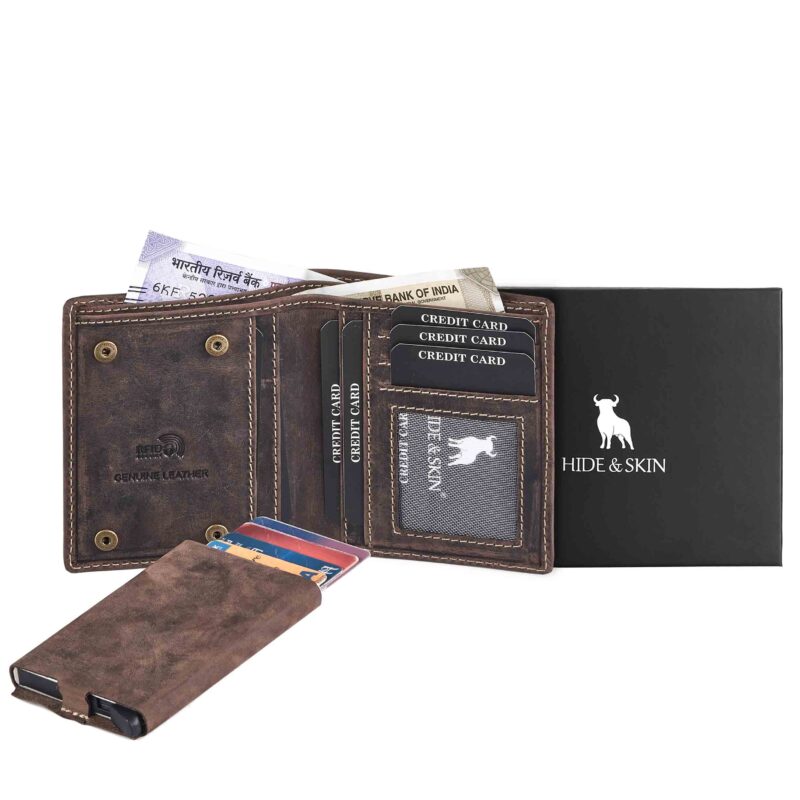 HIDE & SKIN handcrafted 100% Genuine Leather RFID Blocking automatic Pop up detachable wallet for men