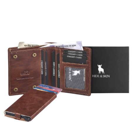 HIDE & SKIN handcrafted 100% Genuine Leather RFID Blocking automatic Pop up detachable wallet for men